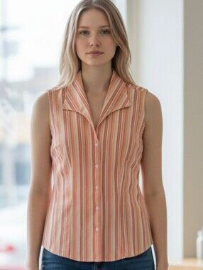 Tailor B. Moss Sleeveless Striped Button-Up Blouse in Peach and Cream In EUC